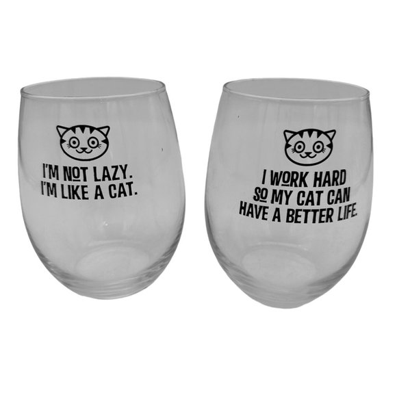 Pair of Wine Glasses Cat Themed Stemless Clear Glass 16oz Capacity - Picture 1 of 6
